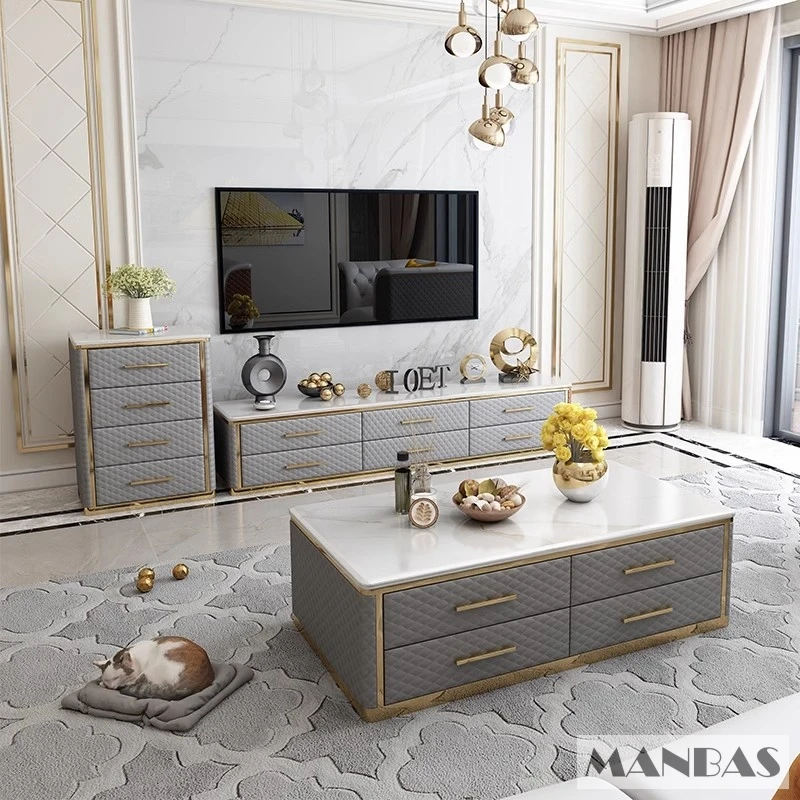 Luxury MINGDIBAO TV Stand Marble Meubles with Leather Finished for Living Room Furniture | Coffee Table with Stainless Steel Leg