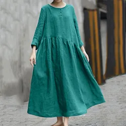 Vintage Solid Color Cotton Linen Dresses for Women Loose Buttons Long Sleeve Pockets Woman Dress Boho Robe O Neck Femme Vestidos