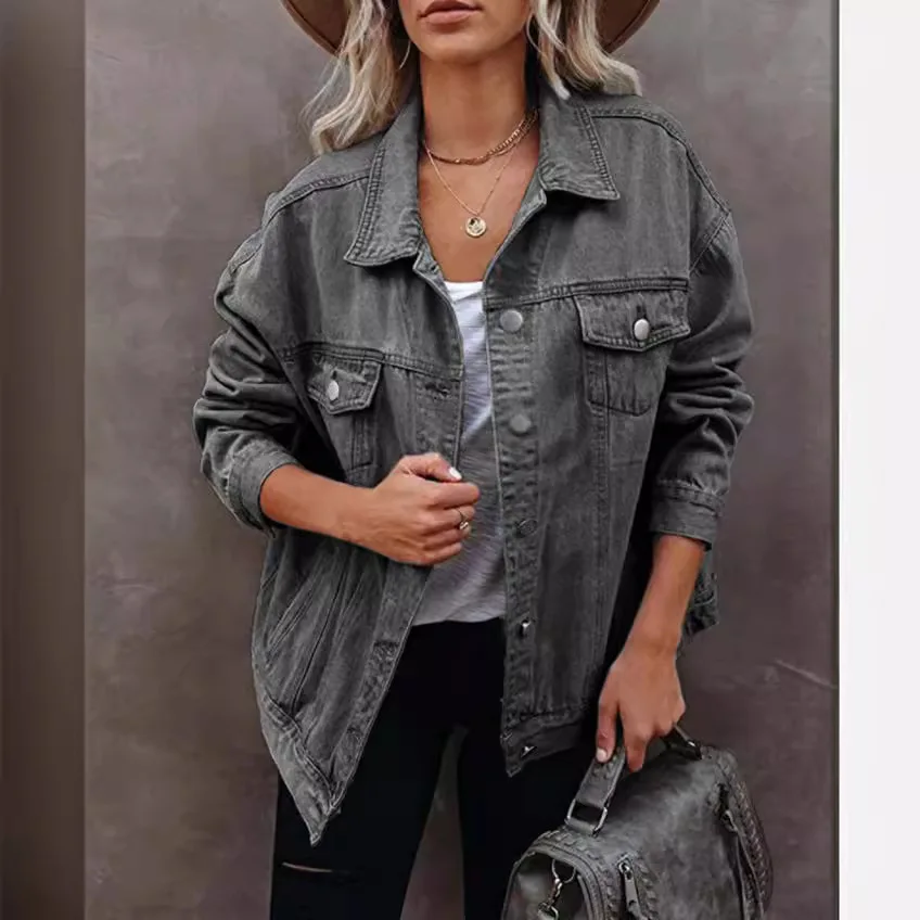 Women's Loose Denim Jacket, Classic Long Sleeve Button Down Boyfriend Jean Trucker Jacket