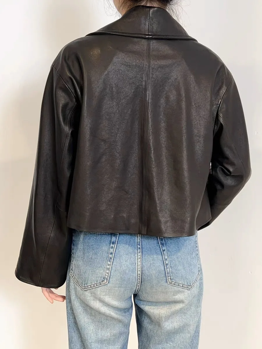 Abbigliamento in vera pelle per donna Cappotto corto con silhouette bavero Giacca da donna con palloncino in vera pelle di pecora Bomber Femme