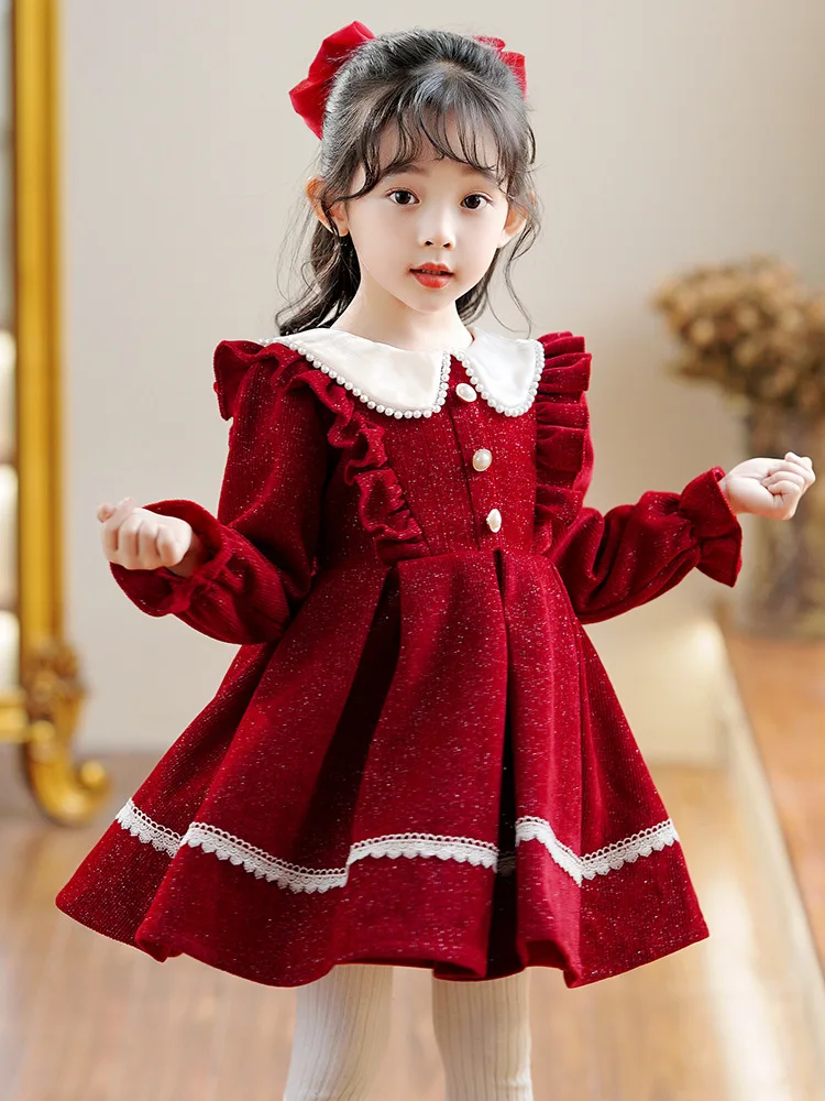 

2025 New Cute Girls' Princess Dress Spring Autumn Korean Children's Girls Peter Pan Collar A-line Party Dresses for Birthday