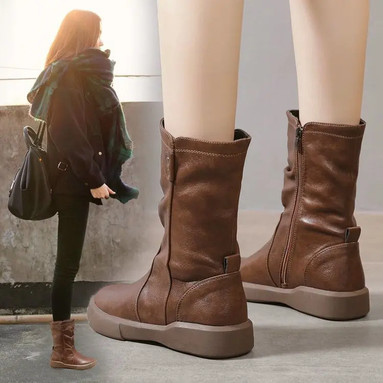 Mulheres botas de tornozelo senhoras sapatos deslizamento em meados de bezerro botas plataforma macio couro do plutônio bota longa calçados mulher moda outono inverno