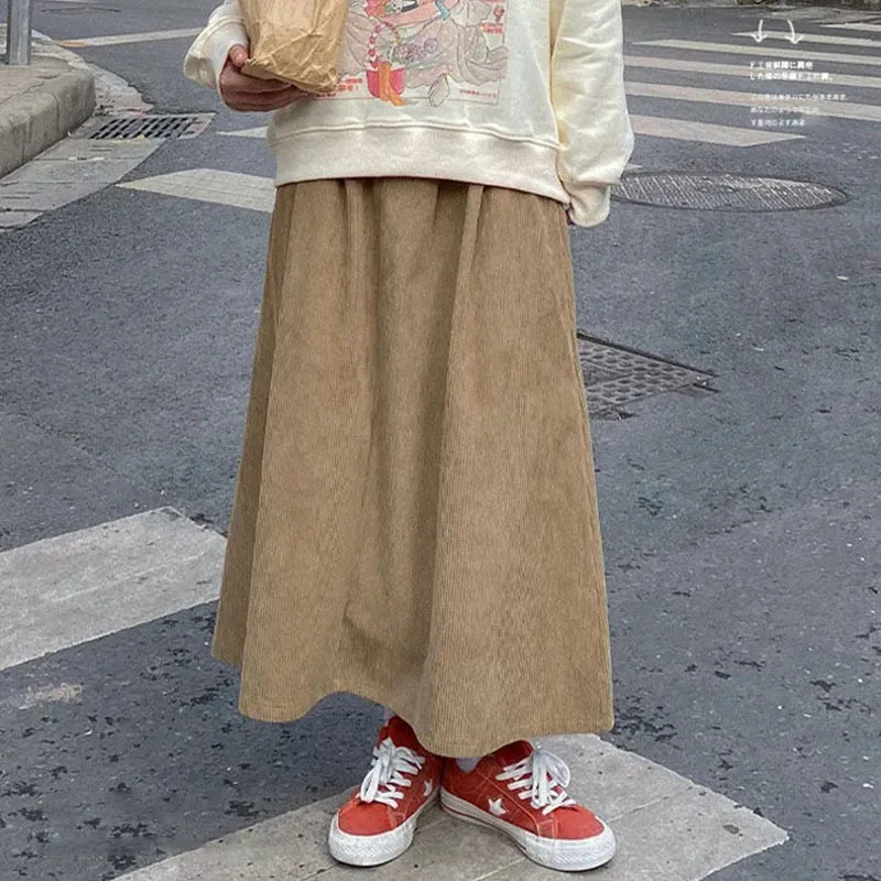 Hdspq Corduroy bear A-Line Skirts Women Korean Elastic High Waist Midi Skirt Woman 2023 Autumn Winter Vintage Warm Long Skirt