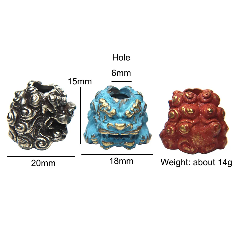 Chinese Ancient Palace Lion Head Knife Beads Brass Animal Figurines EDC DIY Paracord Woven Lanyard Pendants Jewelry Accessories