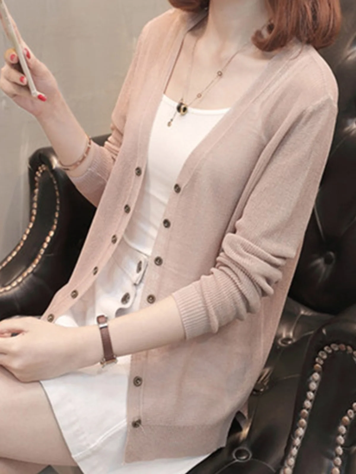 Cárdigan de punto de seda de hielo para mujer, nuevo estilo de verano, ropa de abrigo fina, csa corta hoada con frente a...