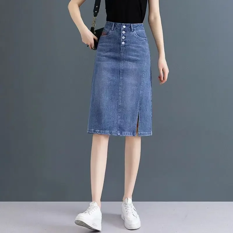 

With Pocket Chubby Zipper To Knees Length Jeans Skirts for Women Midi Blue Woman Denim Skirt Slit Cheap A Line Modest Streetwear