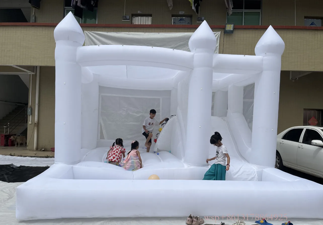 Casas inflables con tobogán, puente de rebote blanco de 15 pies, castillo hinchable, tienda de boda Oxford para fiesta en el patio trasero