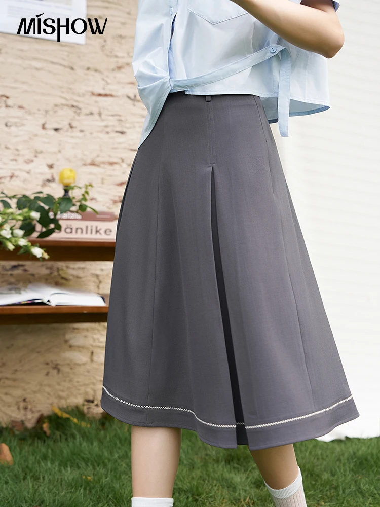 

MISHOW Grey Academy Skirt for Women 2024 Summer Contrast Hem High Waist Pleated A-line Casual Mid Length Suit Skirt MXD25B0318