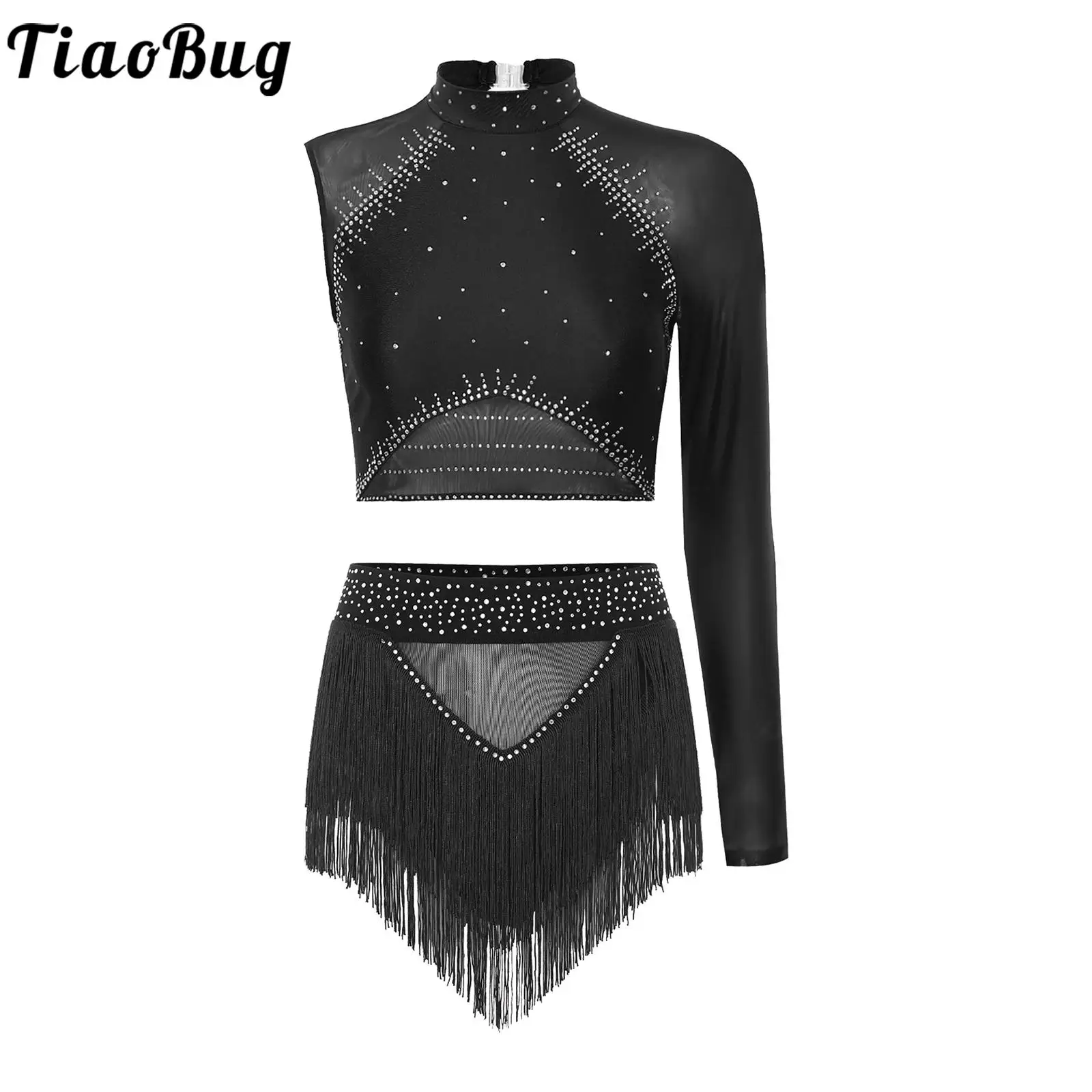 

Women Figure Skating Modern Dance Outfit Gymnastic Suit Backless Asymmetrical Crop Top and Tassel Briefs Salsa Rumba Dancewear