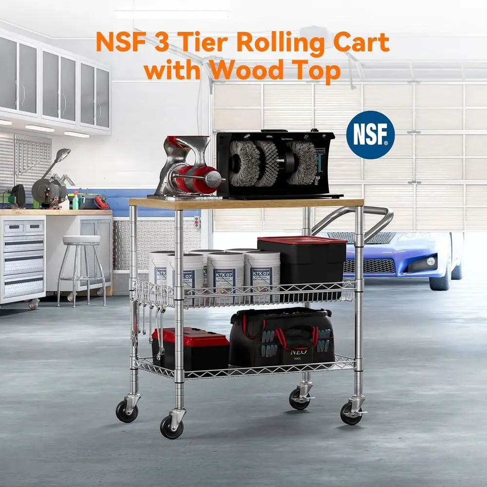 Durable 3-Tier Rolling Kitchen Cart with Wood Top and 650Lbs Capacity