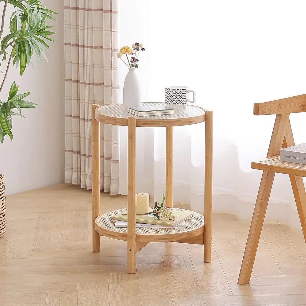 طاولة جانبية حديثة من الخيزران مستديرة 19.7 لغرفة المعيشة والشرفة والمكتب - قاعدة خشبية لسطح زجاجي داخلي/خارجي