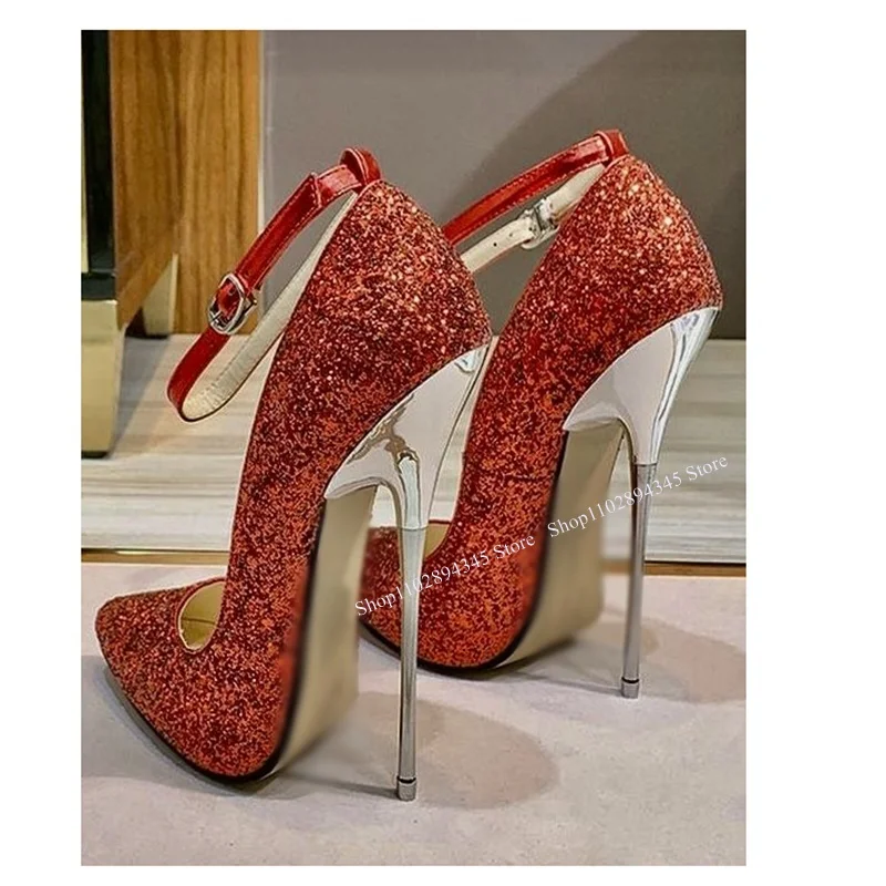 Red Glitter Buckle Hollow Pumps Pointed Toe Thin High Heel Fashion Sexy Cool Summer Big Size Woman Shoes Zapatillas Mujer