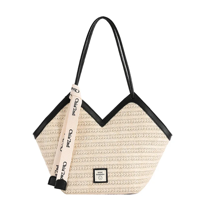 Bolso de paja de gran capacidad para mujer, bolsa de ocio de verano, a la moda, sencillo, tipo cuadrado Horizontal, para playa