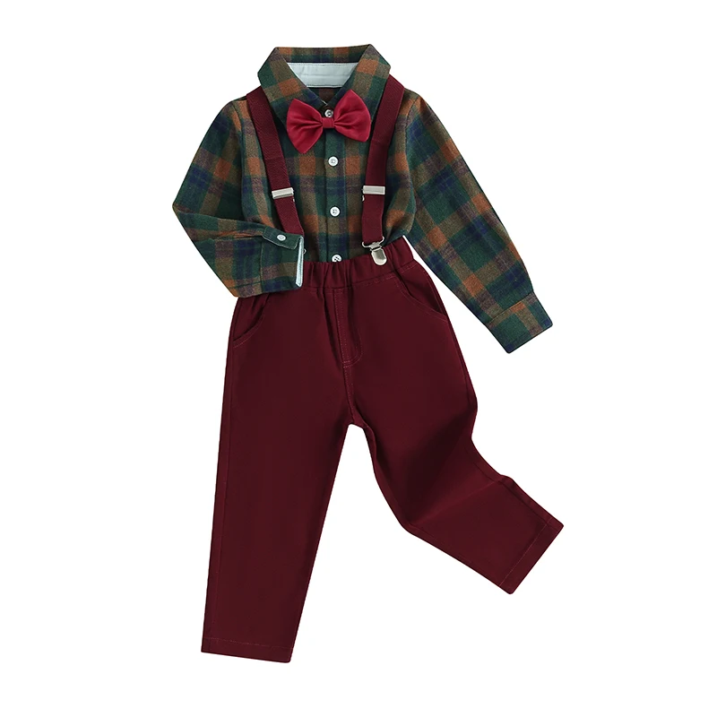 

Baby Boy Formal Wear Set Plaid Shirt with Bow Tie and Suspender Pants for Gentleman Outfit Toddler Wedding Party Outfit