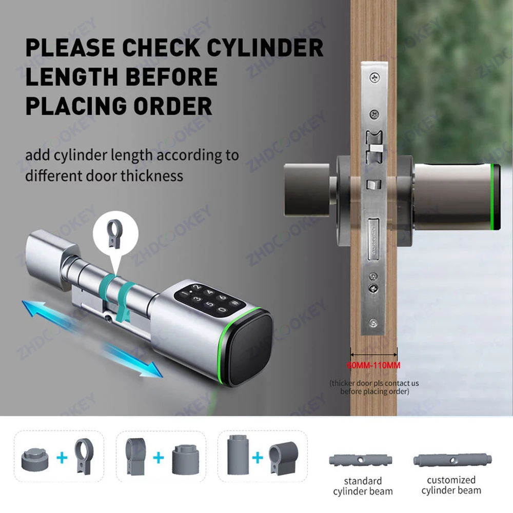 Tuya BLE TTLock Phone APP IC Card Codes Password Equidistant 30-50MM EU Standard Cylinder Digital Electronic Smart Lock with Key