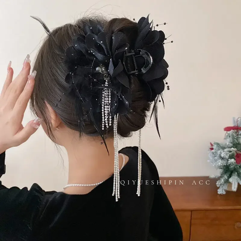Female Black Feather Tassel Flower Hair Clips Elegant Women Girls Hair Hairpins Temperament Hair Accessories 2026 New Headwear
