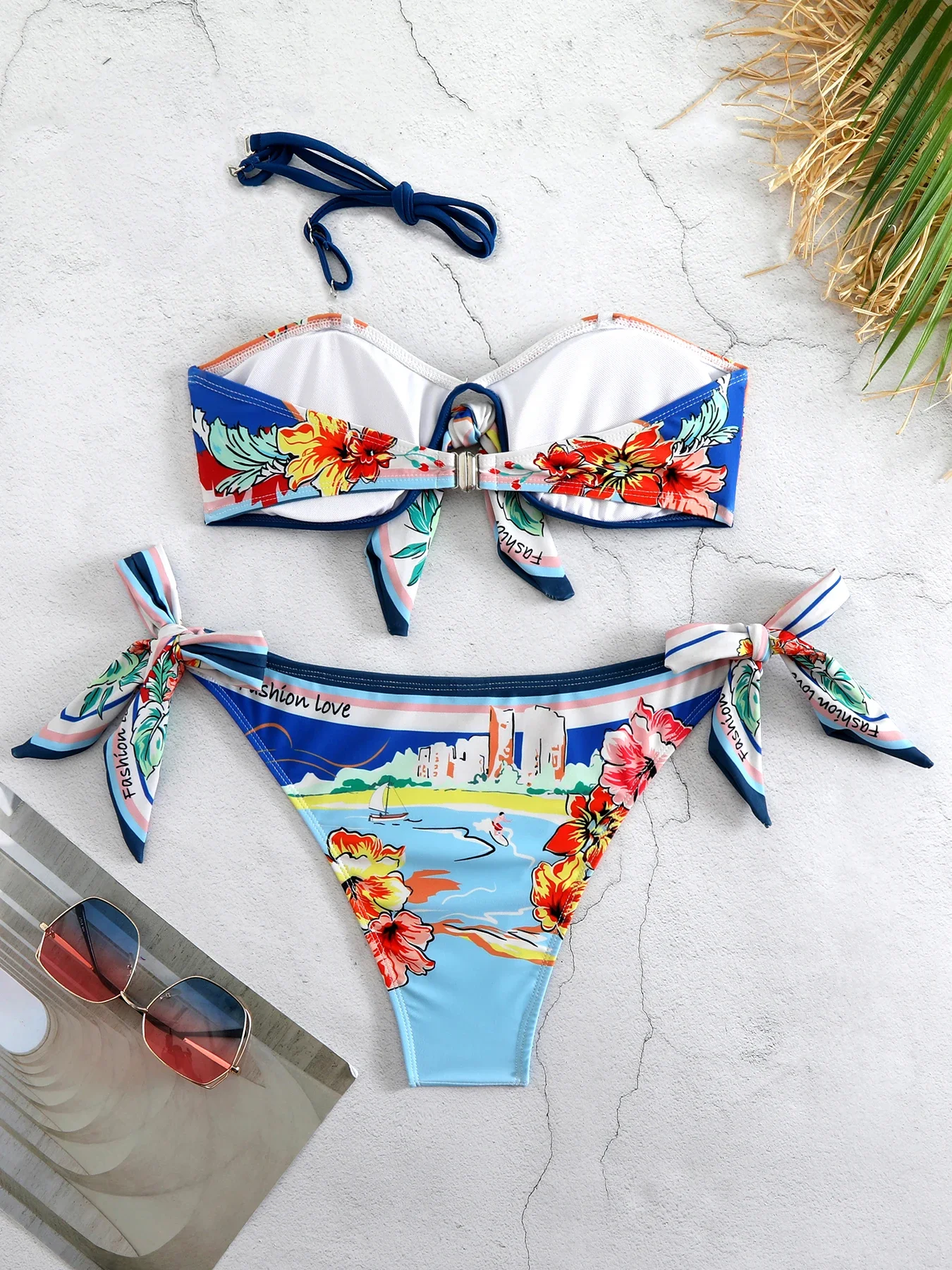 Sexy Two Piece Off Shoulder Bikini Set Women`s Suit Swimwear Separate Swimsuit 2024 Trend Print Floral Beach Suit Swimming Trunk