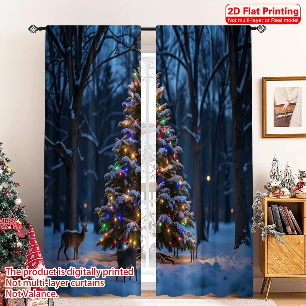 

2pcs 2D flat printing Merry Christmas Popular Party Window Curtains Winter Forest Christmas Tree Scene Animals Polyester Without