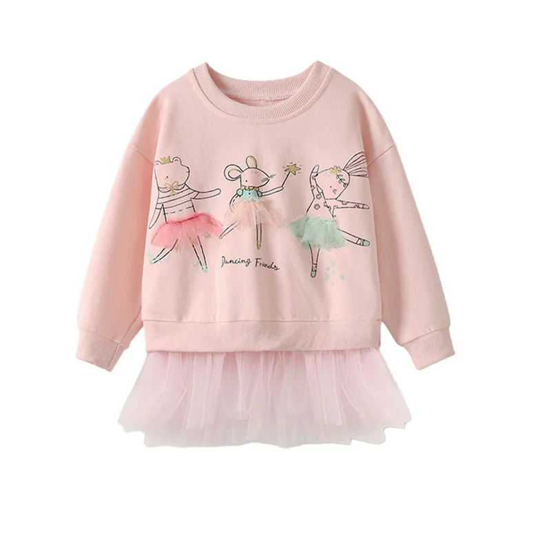 

3-8T Dancing Mouses Girls Clothing Toddler Costume Long Sleeve Sweatshirt Mesh Hooded Shirt for Autumn Spring Baby Clothes