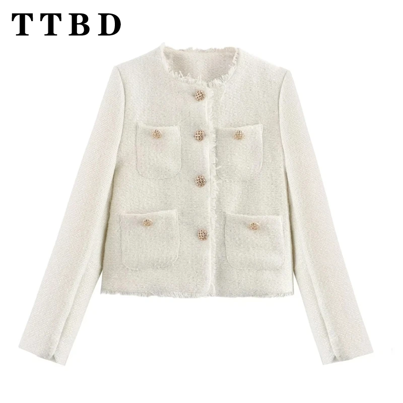 TTBD 2024 nuevo otoño mujer Casual cuello redondo Color sólido chaqueta de manga larga Top moda femenina abrigo con bolsillos de un solo pecho