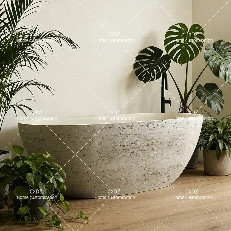 French Style Flaxen Egg Shaped Travertine Granular Bathtub Independent Creative Luxury Bathroom Tub for Hotel Home Decor