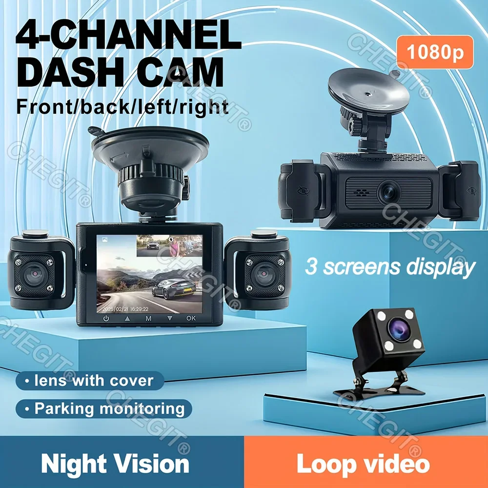 

4 Channels Video Recorder 1080P Car DVR 360° Car Dash 3-screen Cam Front left Rear View camera Night Vision Black Box