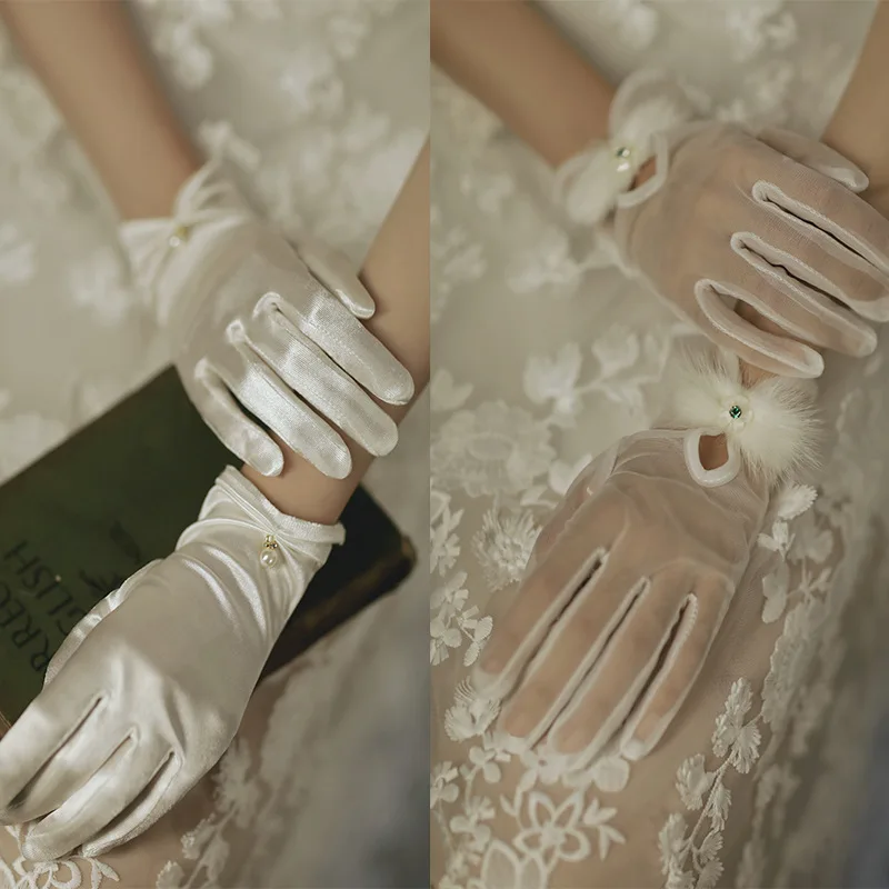 Robe de mariée en satin blanc, gants courts et élégants, gants de patients en maille, dentelle, doigt de plume, nœud de perle de pétale, nouveau