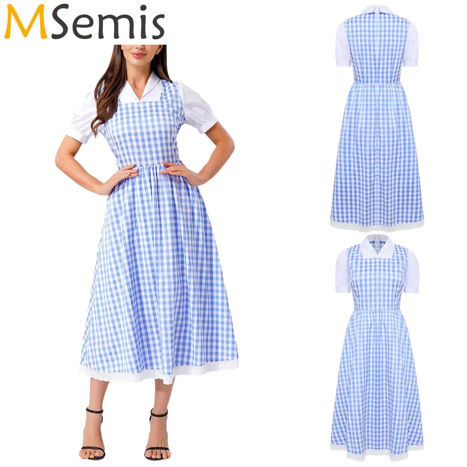 

Женское сказочное платье-миди трапециевидной формы для горничной, платье на Хэллоуин, карнавальный костюм, винтажное платье в клетку, платье-пачка с кружевной отделкой