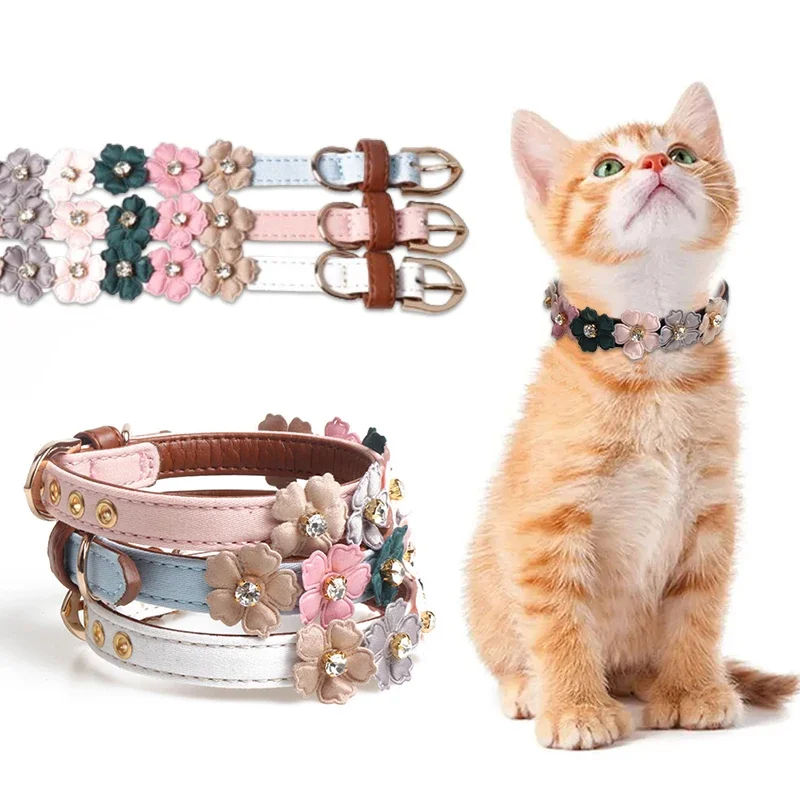 Flowers Pet Dog Collar Leash PU Leather Cat Chain Neck Strap for Small Middle Animal Teddy Chihuahua Pug Fashion Accessories