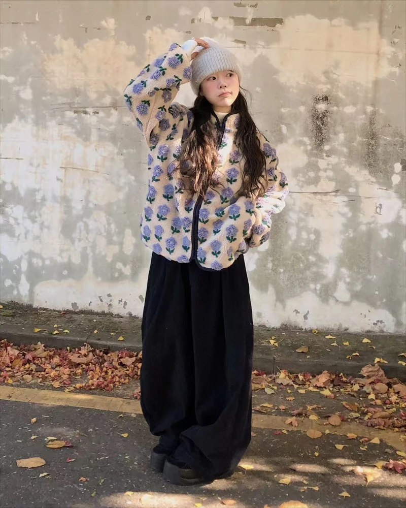 Herbst Winter Koreanische Chic Stil Floral Muster drucken Woolen Jacke frauen Casual Lose Lamm Pelz Koreanischen Stil Warme mantel weibliche