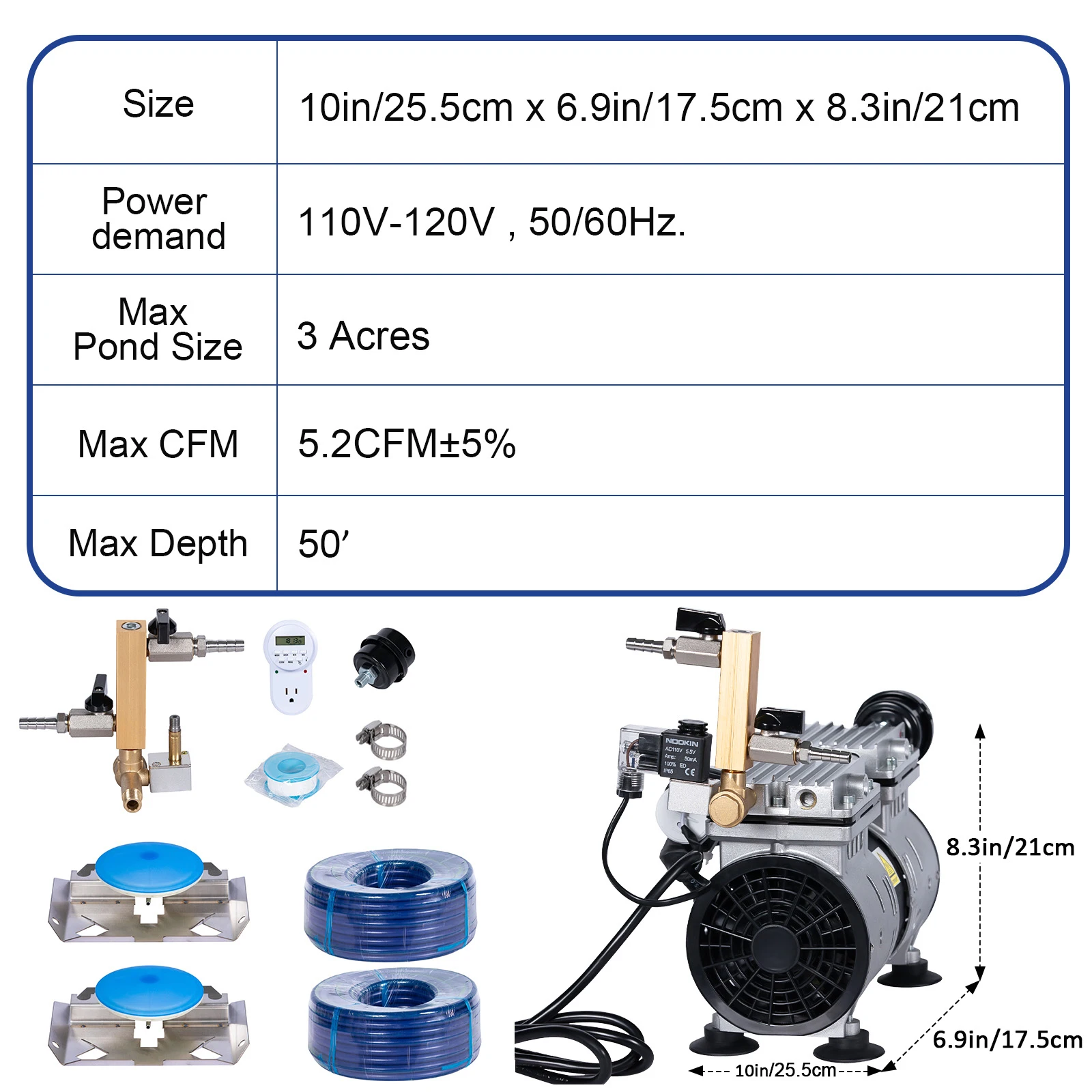 110V Pond Aerators, 3/4 HP Compressor Pond & Lake Aerator System, 550W Power 5.2CFM for Up to 3 Acre 50' Ponds, Air Compressor