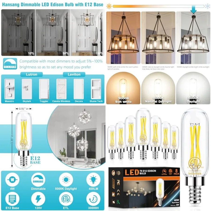 

E12 LED Bulb, Edison Light Bulbs for Chandelier, Candelabra Small Base, 40W Equivalent, 5000K Daylight, Dimmable T6 Tube Shape