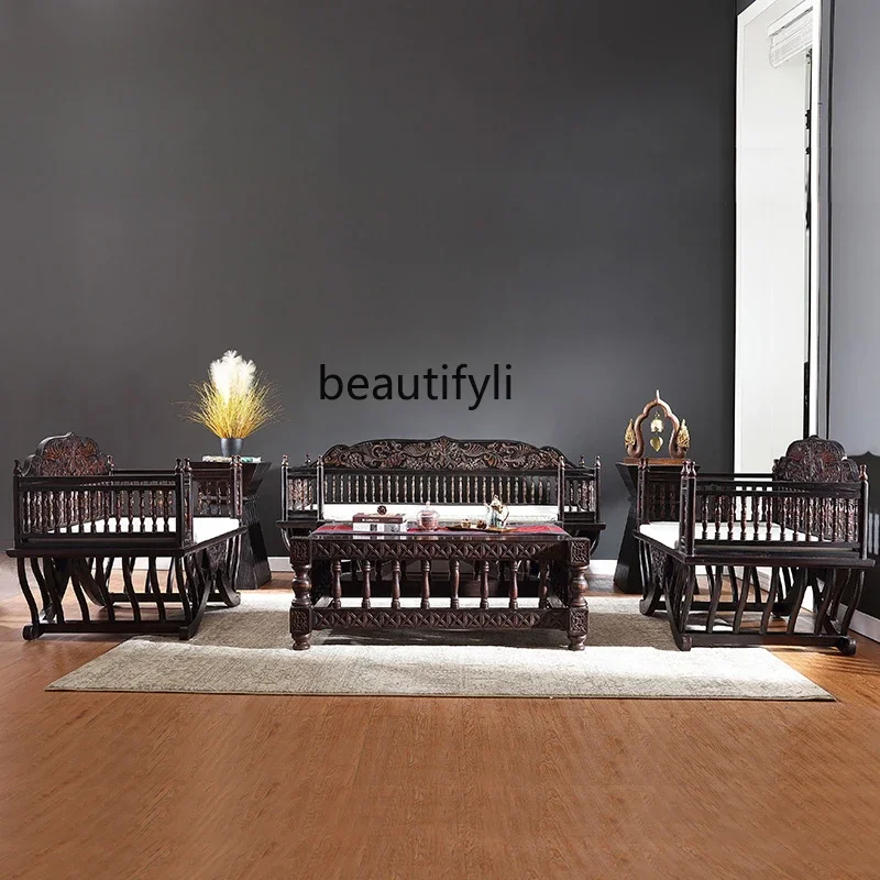 

07Southeast Asia New Chinese Style Solid Wood Sofa and Tea Table Combination Tea Room Furniture