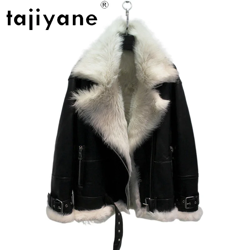 TAJIYANE Winter Toscana Genuine Sheep Shearling Real Fur Coat Women Overcoat Oversized Biker Fur Jacket Streetwear Outerwear