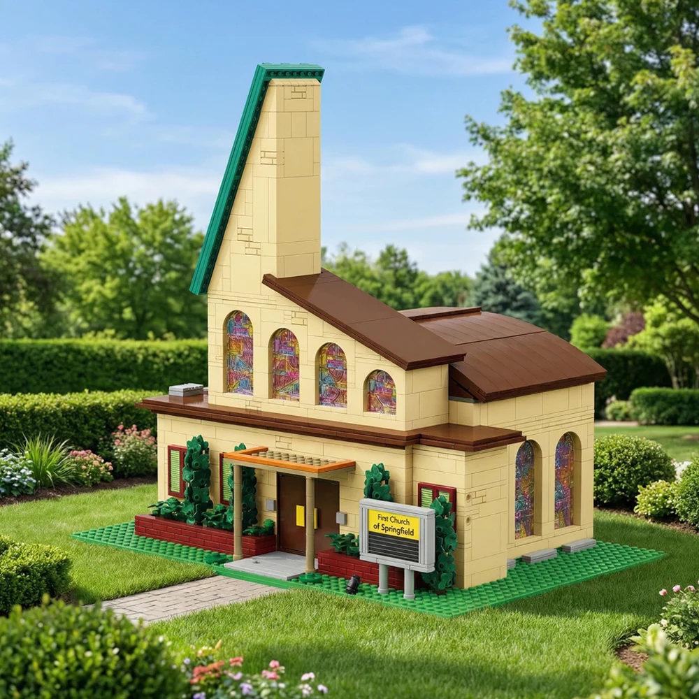 2465Teile Modular Klemmbausteine Springfield Kirche Bausteinsatz, klassische Cartoon Animation Street View Architektur Modell-Kit mit Farbiglasfenster und Kircheninnen, LED-Licht DIY-Montage Spielzeug