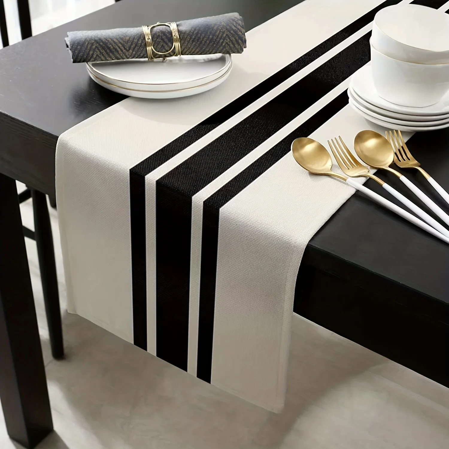 

Geometric Striped Linen Table Runner, Featuring a Classic Black/ White Checkered Pattern For Timeless Vintage Home Decor