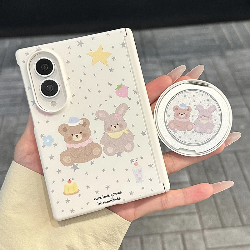 Korean Cute Star Bear Rabbit Phone Case For Samsung Galaxy Z Fold 8 ZFold8 Cover with Stand Chain Kawaii Magnetic Hinge Case