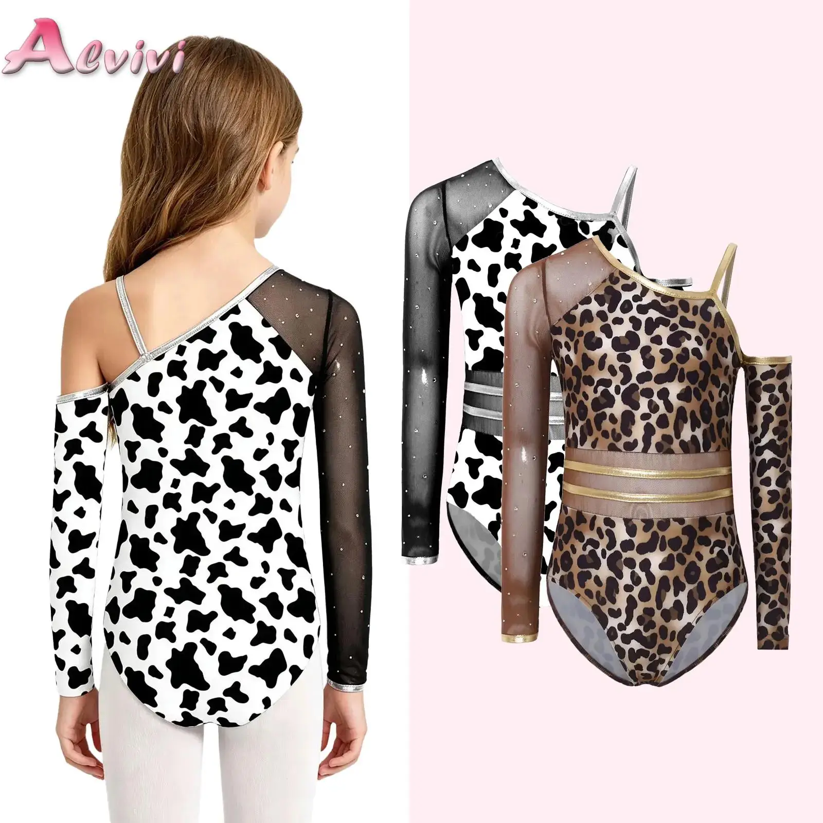 

Kids Girls Caveman Leopard Printed Gymnastics Ballet Leotards Dance Performance Costume Rhinestones Jumpsuit with Oversleeve Set