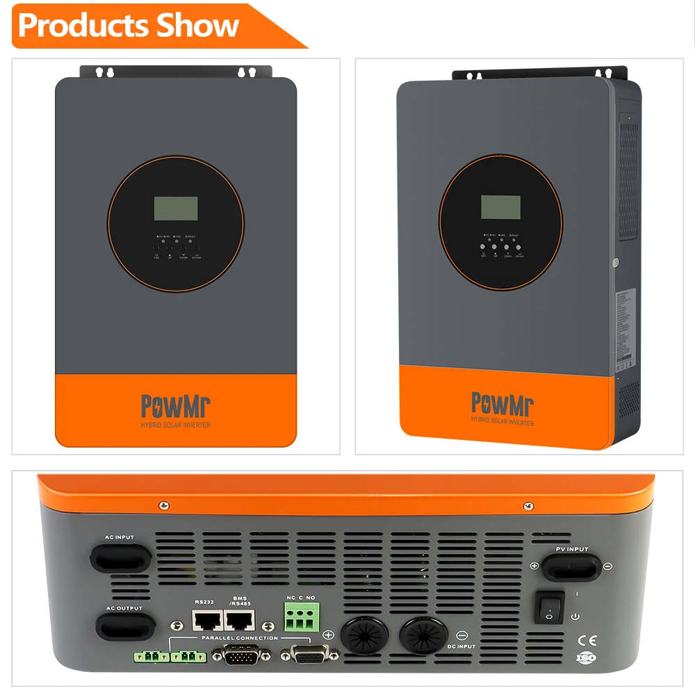 PowMr 6.2KW عاكس شمسي هجين 48 فولت إلى 220 فولت 380 فولت موجة جيبية نقية مدمجة في 120A جهاز تحكم يعمل بالطاقة الشمسية PV 500VDC يمكن موازي 12 وحدة