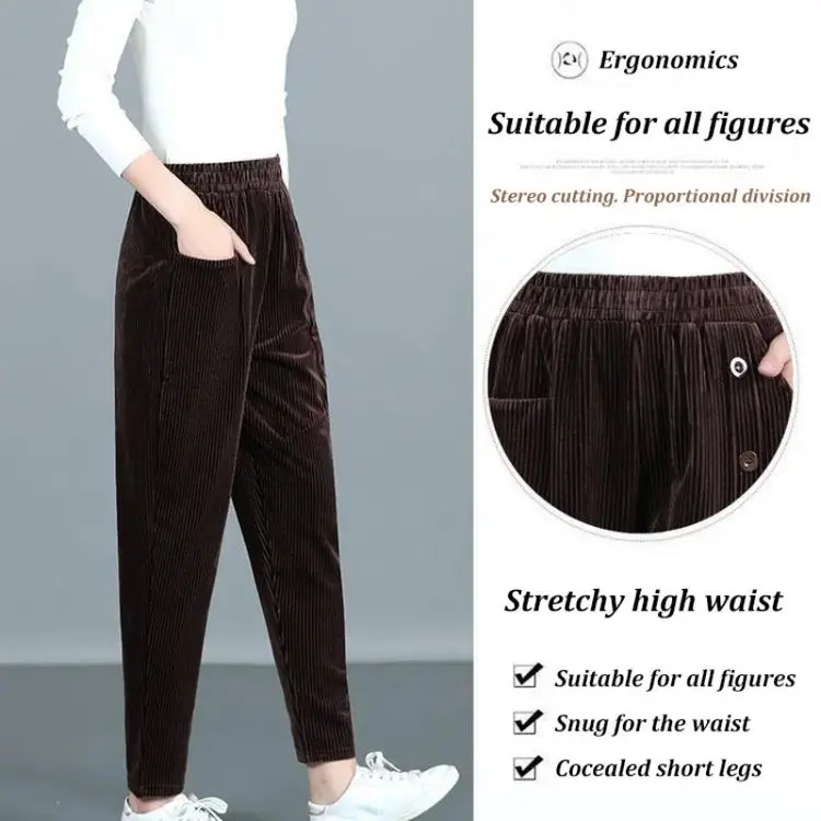 Women’s Warm Corduroy High Waist Pants Autumn Winter Pants Fashion Elastic Waist Thicken Warm Female Trousers High Waist