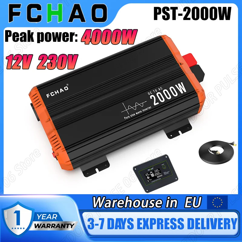 FCHAO EU Spot PST-2000W 50Hz Wechselrichter 12V auf 230V Reiner Sinuswellen-Wechselrichter für den Heimgebrauch, Wohnmobile und Outdoor-Reisen, leicht zu transportieren.