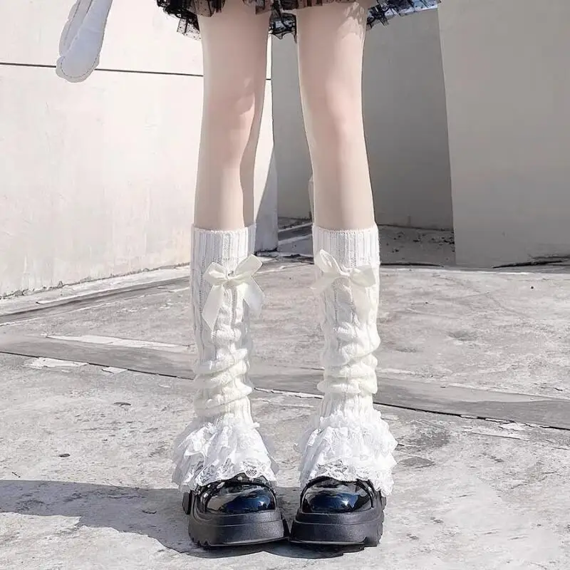 Lolita Lace Ruffle Leg Warmers Women Bow Tie Knit Calf Socks Cute Japanese Style Mid Calf Slim Fit Boot Socks Kawaii Accessories image 5