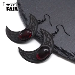 Gothic Dark Celtic Moon Drop Earring Stainless Steel Red Stone Crescent Wicca Witch Knot Protection Dangle Earrings Goth Jewelry