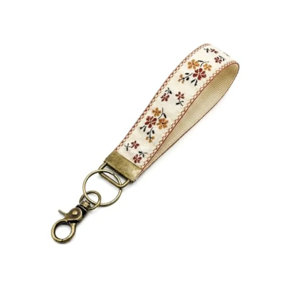 

Boho Embroidered Wristlet Keychain for Women - Cute Floral Fabric Key Chain Lanyard
