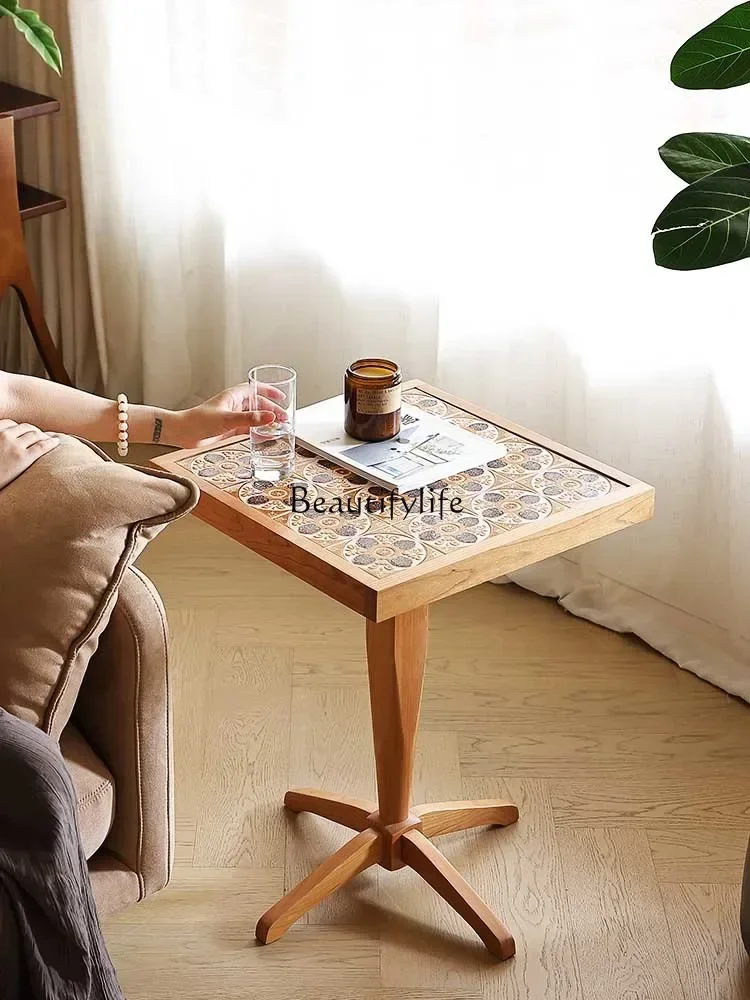 

XX39Medieval cherry solid wood round table small apartment edge few Japanese retro tile tea table sofa