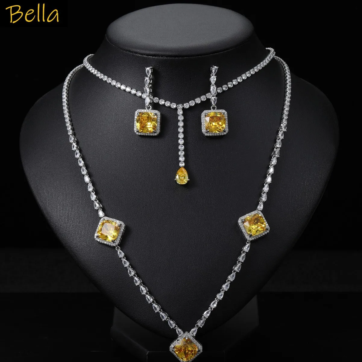 

elegant luxury jewelry sets 2pcs cubic zirconia necklace earrings yellow square block pendant wedding bride jewelry set