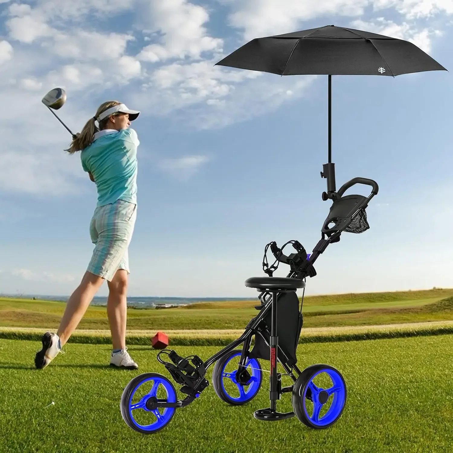 Golf Push Cart, Foldable 3-Wheel Height Adjustable Lightweight Golf Caddy Cart with Umbrella Holder, Hydraulic Seat, Stora