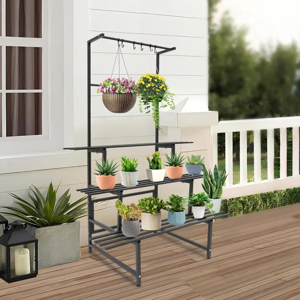 

3 Tier Plant Stand Ladder Plant Shelf Tall Plant Stand with Hanging Rod Flower Pot Organizer Rack for Balcony Porch Living Room
