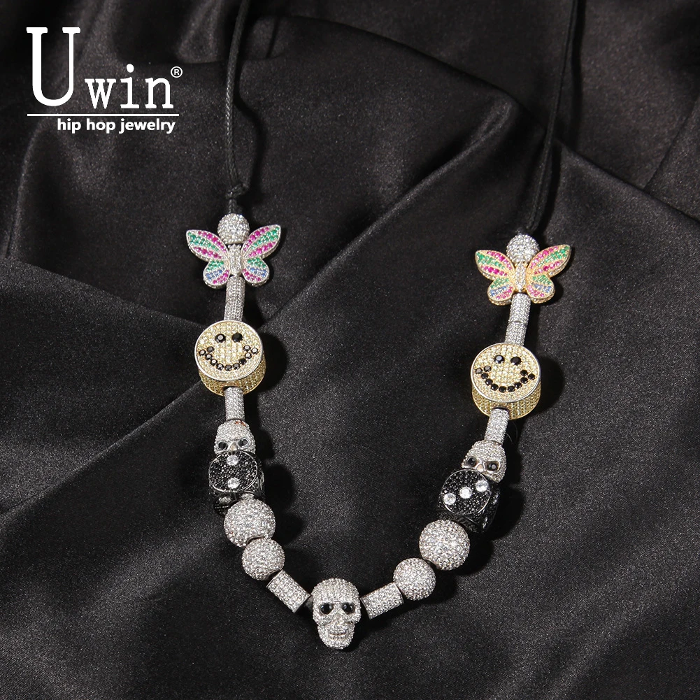 Uwin Smiley Butterfly Skull Beads  Cubic Zircon Necklace Fashion Ceramic Hybrid Chain Rock Punk Pop Jewelry Gifts 