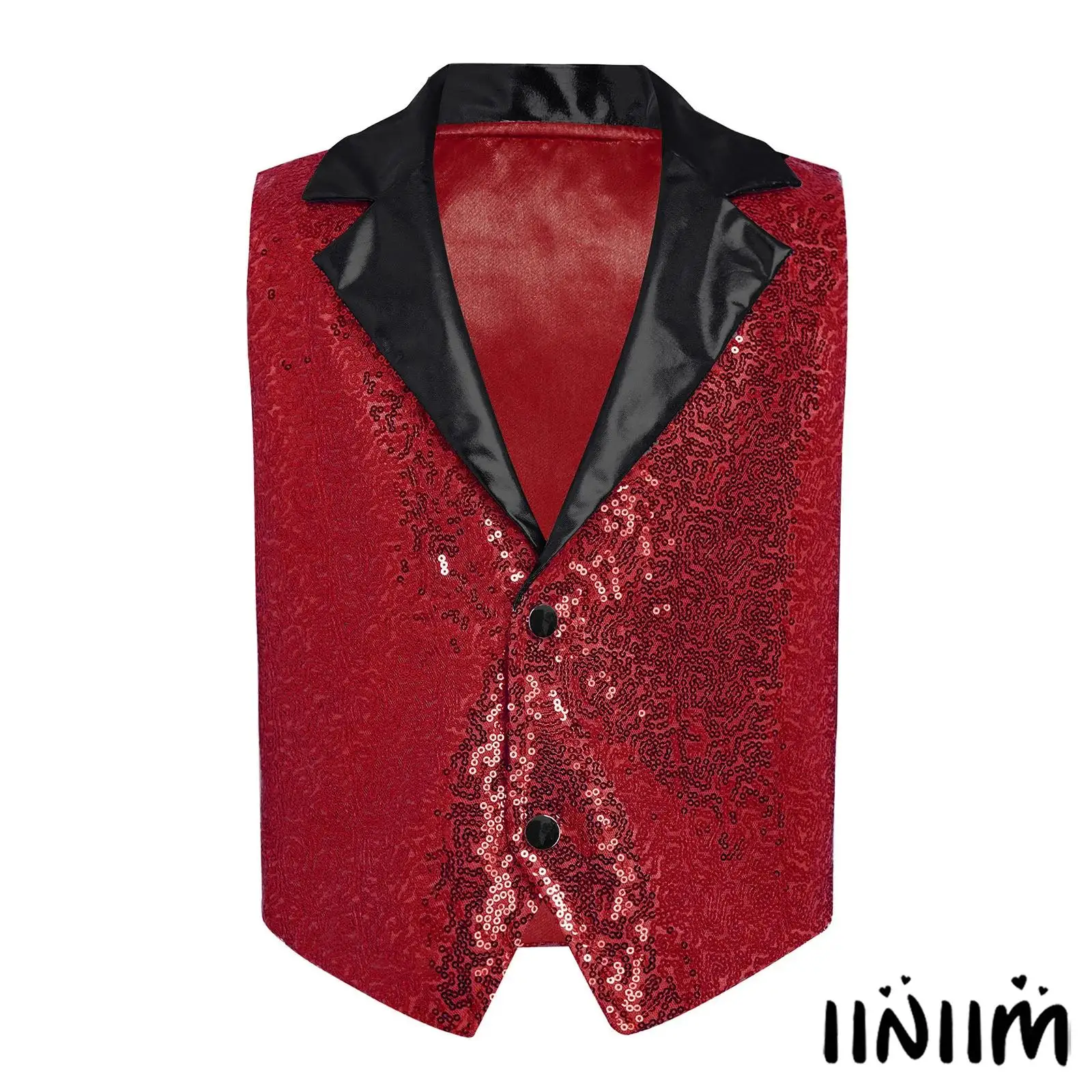 

Детский танцевальный костюм для джазовых и диско-танцев для мальчиков: блестящий жилет с пайетками, металлическим воротником-стойкой, без рукавов, с застежкой на кнопках, асимметричный подол, танцевальный топ